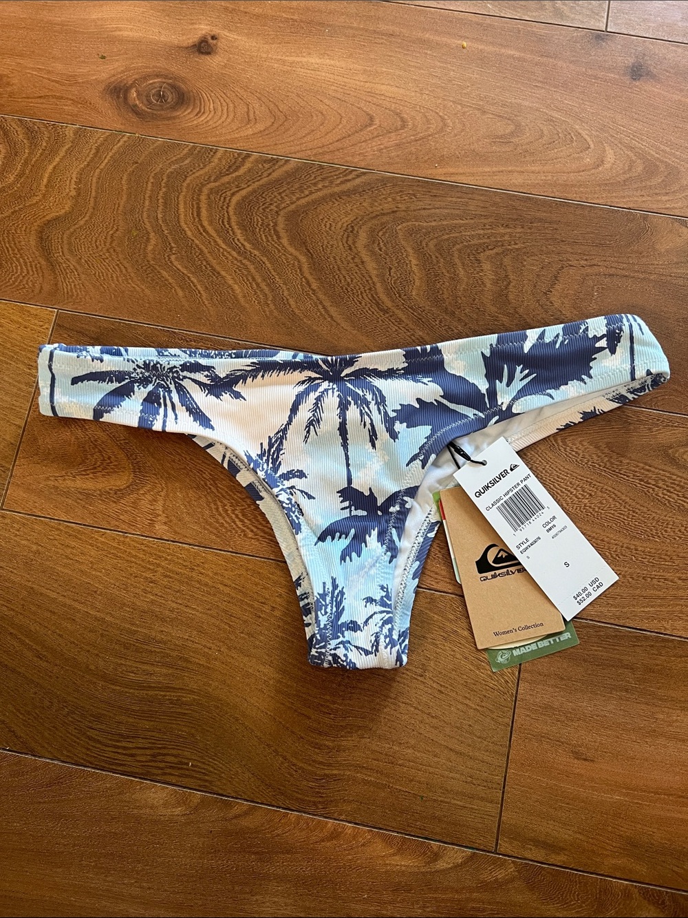 Quiksilver Blue and White Palm-Print Bikini Bottom
